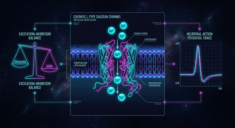 CACNA1C L-type calcium channel structure showing prolonged calcium influx in neurons
