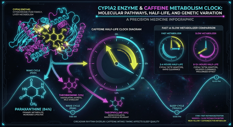 CYP1A2 AA - быстрый метаболизм кофеина, часы с молекулами кофеина